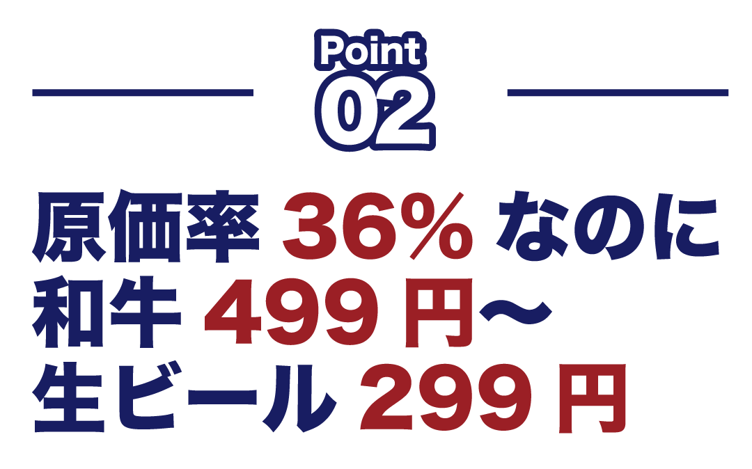 原価率36%なのに和牛499円から、生ビール299円